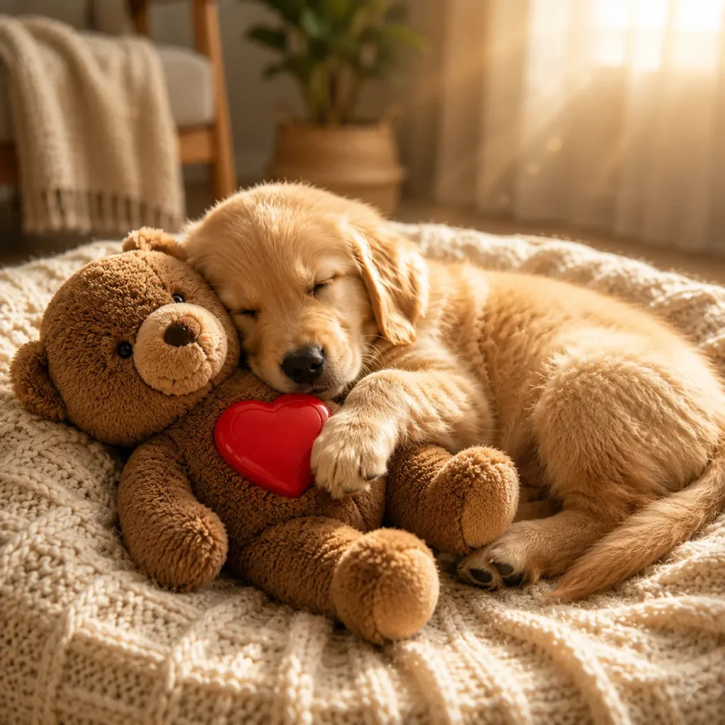 Overhead view of a calm golden puppy sleeping peacefully on a knit blanket with a therapeutic mother heartbeat core embedded inside.