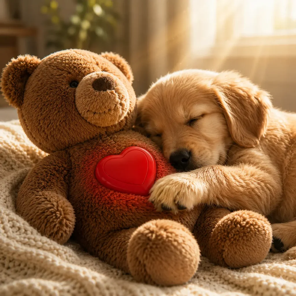 Golden retriever puppy cuddling a plush therapeutic device with a simulated glowing red maternal heartbeat physical vibration.