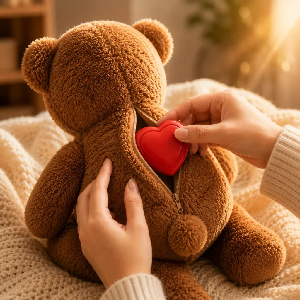 Human hands sliding a durable red behavioral aid pulse core into a fabric carrier to create a custom scented pet anxiety solution.