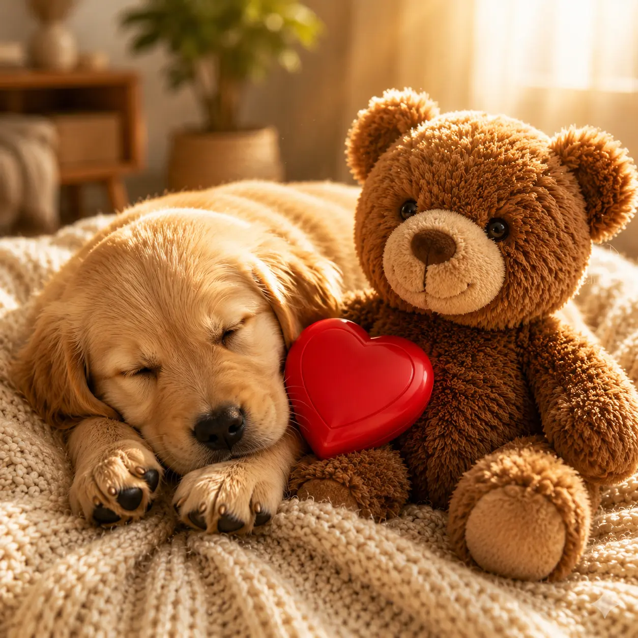 A cozy golden retriever puppy sleeping side by side with a brown plush toy and a standalone vibrant red heart pulse simulator device.